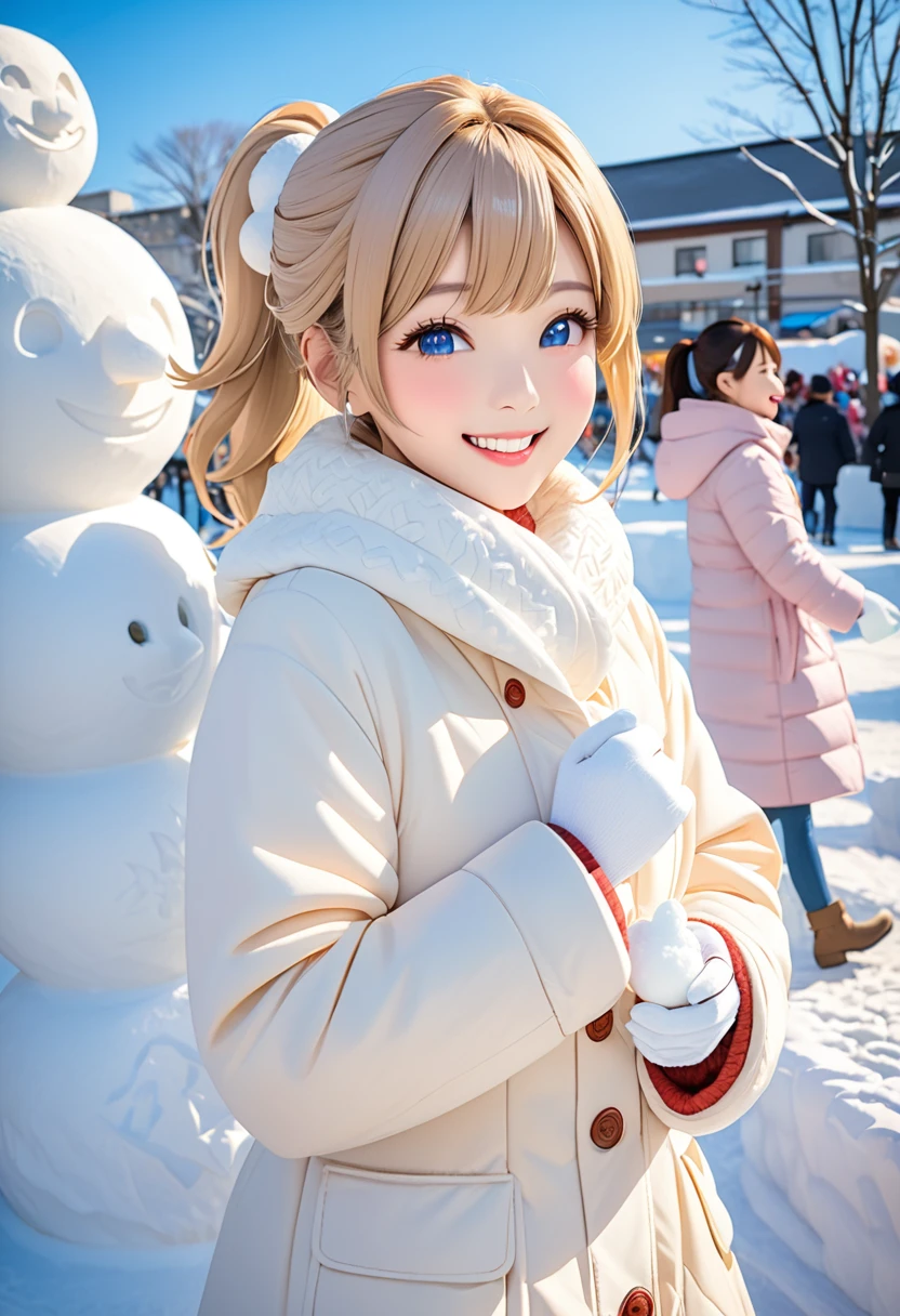 Highest quality、High resolution、Detailed Background、mysterious、Beautiful face in every detail、Highly detailed face、Teenage beauty、Huge breasts、Perfect body line、Light color hair、Bobcut、ponytail、cute仕草、Natural beauty、Sapporo Snow Festival、Snow sculpture、Fun atmosphere、A big smile、

(Snow sculptureの前で自撮りをする3人の少女:1.5)、

A girl and her friends are visiting the Sapporo Snow Festival、大きなSnow sculptureの前で記念撮影をしたり細かい雪の造形に見とれる様子、Children enjoying playing in the snow、Making snowmen and having snowball fights、A girl happily walking around, interacting with other children、cute