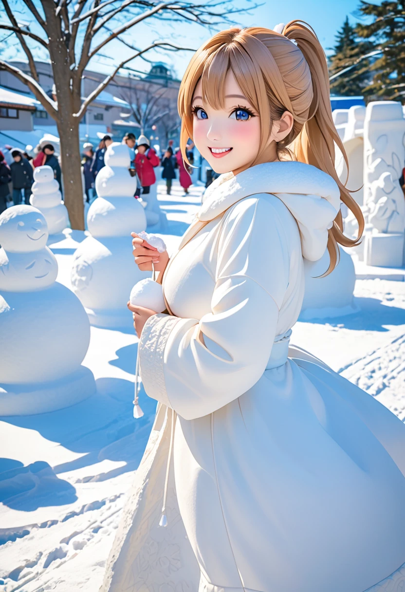 ((masterpiece, highest quality, Highest image quality, High resolution, photorealistic, Raw photo, 8K, proudly showing vagina, large thighs, standing up, snow around, entire body, feet, face close up)) asian girl, japanese girl, adorable, cute, kawai, slender, blonde hair, hair bobbles, wince, longeyelashes, solid circle eyes, fake animal ears, light smile, at the beach, sunny