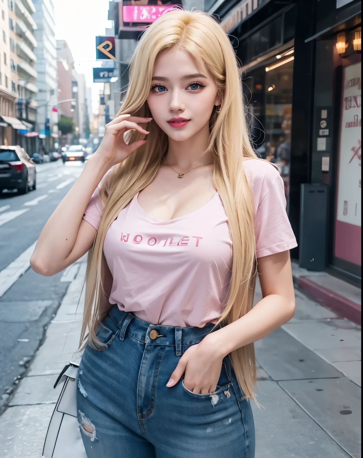 1girl, (Blue Eyes), (smiling :1.2), (Sana Minatozaki), (pink makeup with glitter :1.2), wide hips, (big tits), (big ass), thin waist, thick thighs, toned legs, muscle, (Best Quality, 8k, Masterpiece: 1.3), Clear Focus: 1.2, Perfect Body Beauty: 1.4, strong abs, Highly detailed face and skin texture, detailed eyes, double eyelids, red lips, (blonde long straight hair :1.4), (cleavage hot pink t-shirt :1.3), jeans, standing, (close-up of the face :1.2), on the streets of Los Angeles