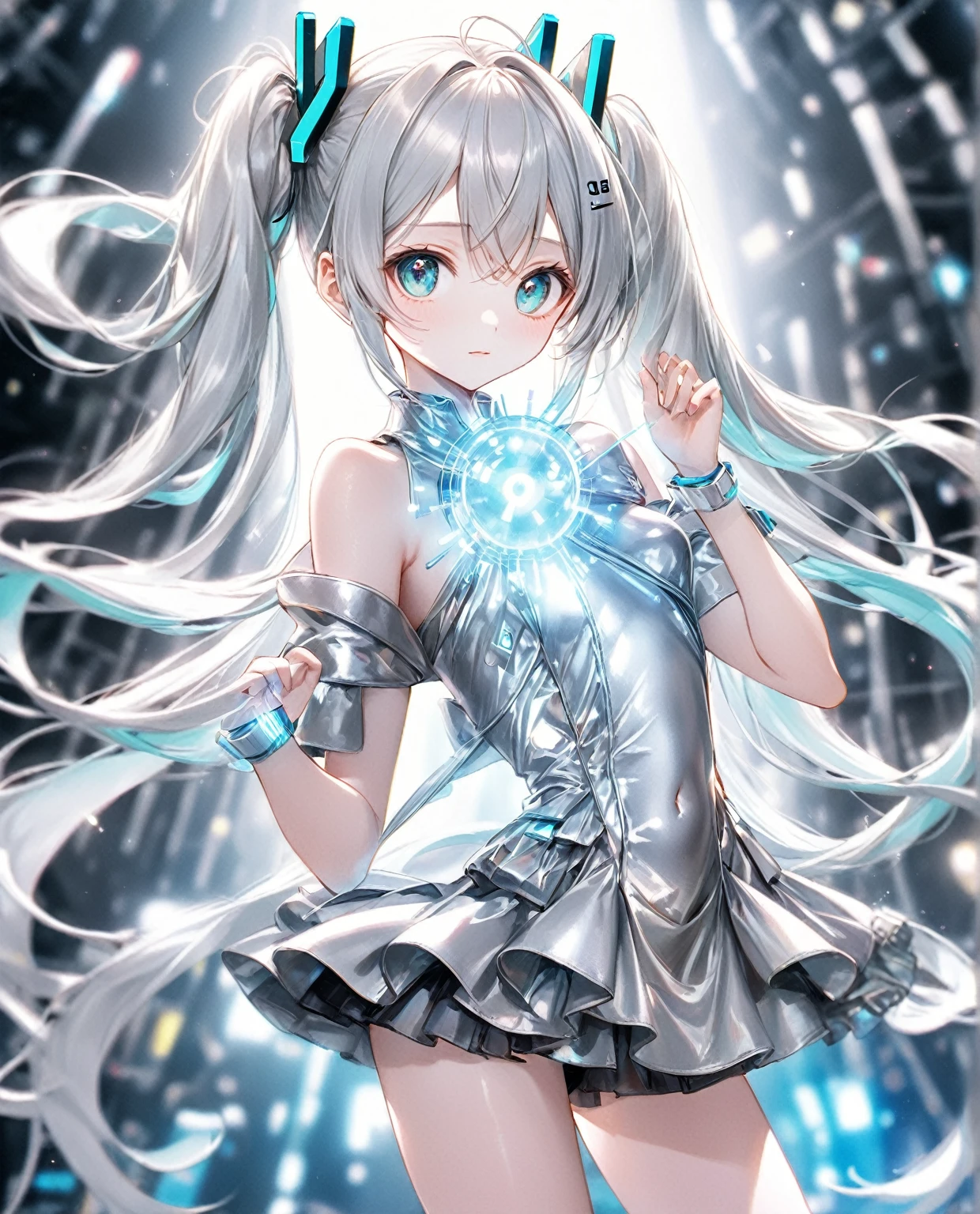 (Highest quality,8k,32K,masterpiece,Ultra-high resolution :1.2 ),born,One girl,Super cute,Natural light,Clear, shining eyes,20-year-old,Fair skin,Electronic world fantasy background,Silver hair,Silver costume like Hatsune Miku,