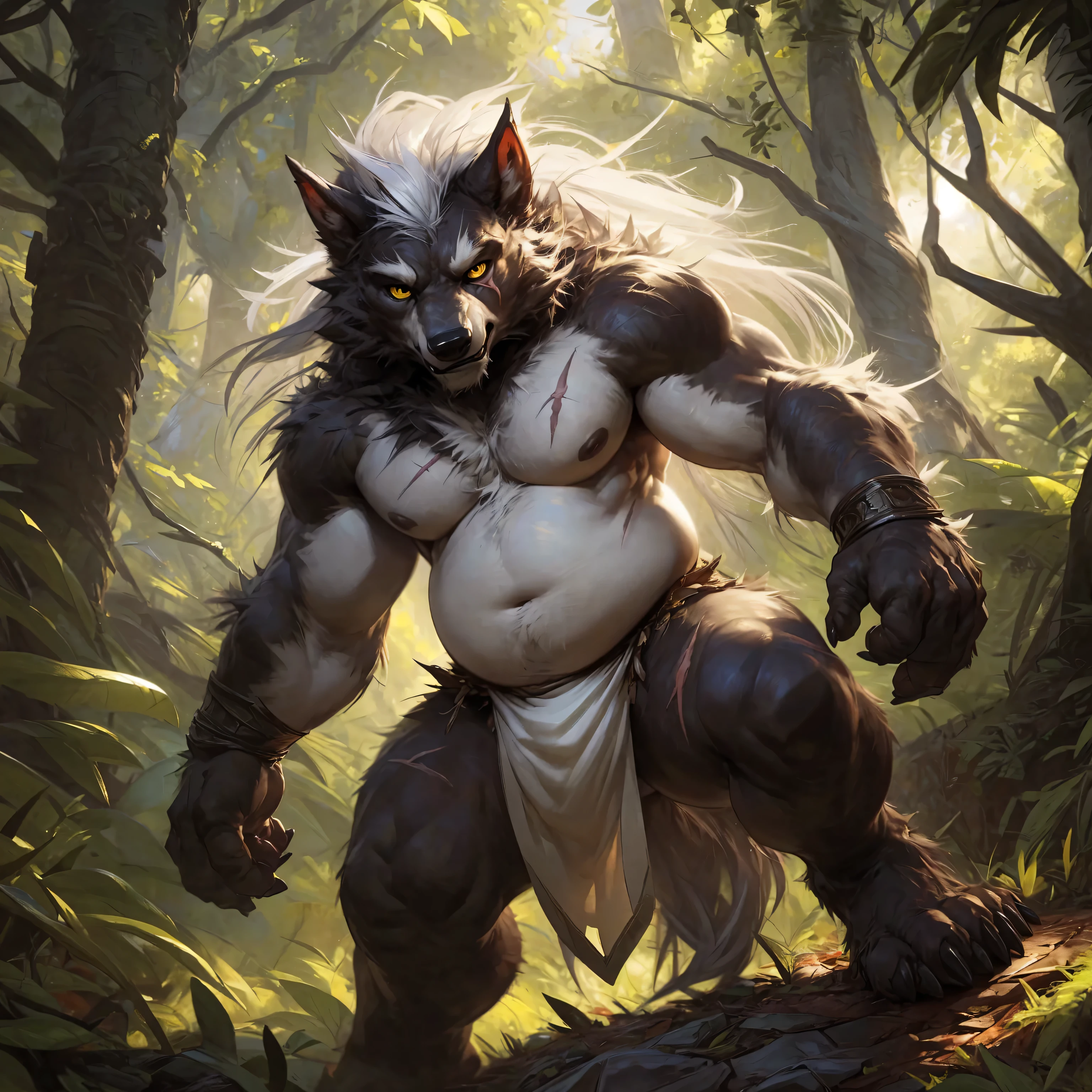 ultra-detailed, masterpiece, masterwork, high quality, best quality, hdr, posted on e621, (by darkgem), (nature), , male, solo, chibi, (white little body werewolf), werewolf, (long silver hair, yellow eyes, Scar in one eye, white chubby body), standing, dynamic angle, (bulging white loincloth)