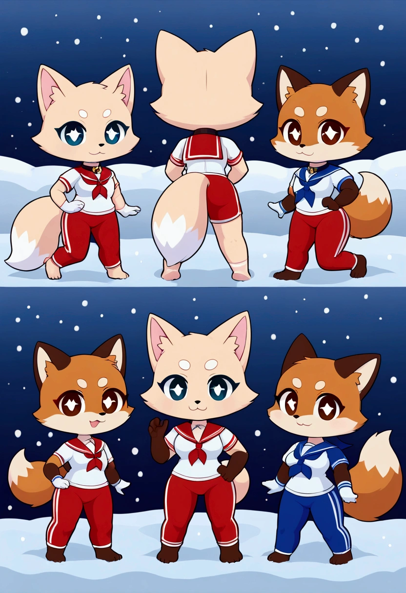 3girls, fox and tanuki, furry, bodyfur, tail, collar, sailor suit, short sleeves, jersey pants, long pants, white gloves, snow gloves, barefeet, chibi, sparkling eyes, full body, snow, all fours, looking back