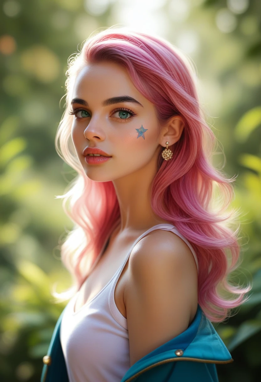 1 girl, bare shoulders, Beautifull, by rubio, blue eyes, blurred, blurred background, Closed mouth, dappled sunlight, earrings, face tattoo, parts, green eyes, jacket, jewelry, Lips, by the wide, looking at the viewer, parted Lips, pink hair, Horse tail, portrait, realist, shirt, short sleeves, Alone, teeth face of margot robbie