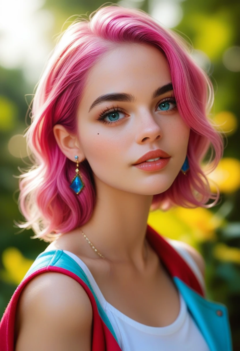 1 girl, bare shoulders, Beautifull, by rubio, blue eyes, blurred, blurred background, Closed mouth, dappled sunlight, earrings, face tattoo, parts, green eyes, jacket, jewelry, Lips, by the wide, looking at the viewer, parted Lips, pink hair, Horse tail, portrait, realist, shirt, short sleeves, Alone, teeth face of margot robbie