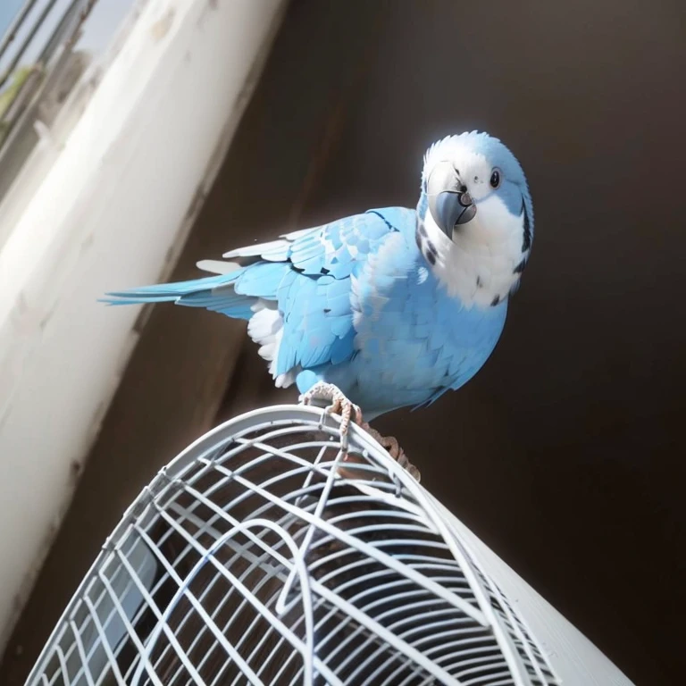 A blue and white parakeet from Alafy sitting on a white cage, Pet Birds, Afghan male type, blue bird , Look away proudly, Pale blue eyes!, birb, Pretty face!!, Portraiture!!!, her skin is pale!!!, Blue Head, Side view!, close!!, Looking away from the camera, Pause!!