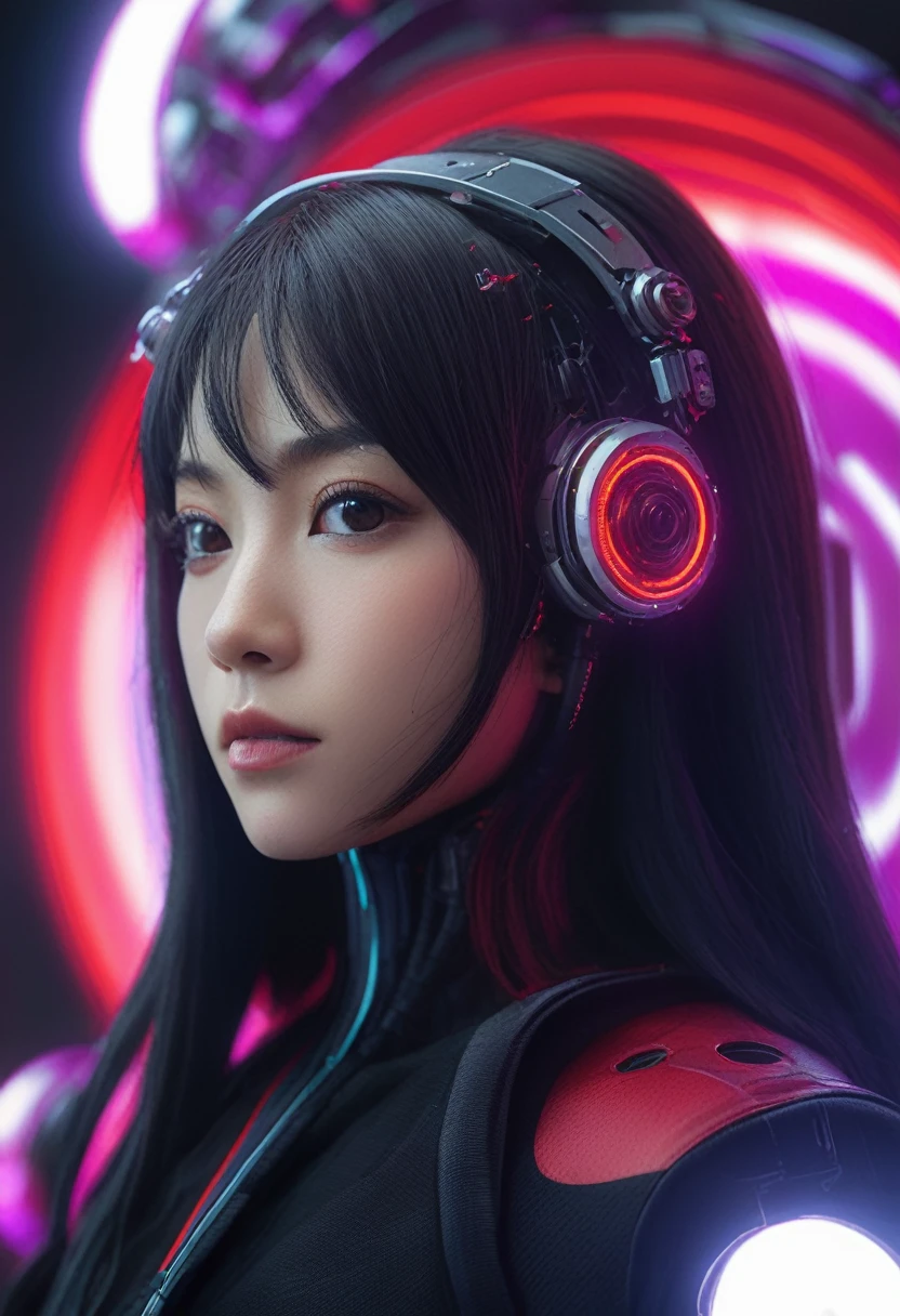 xxmixgirl. Highly detailed professional 35mm film, bokeh, face in sharp focus. A robotic female, Miku, with ((metal skin)), ((perfect Asian eyes)) with magenta irises and ((black pupils)), beautiful serious (detailed face), 18 year old ((photorealistic face)), very long magenta twin tails of magenta hair, twin black hair ties with a single red stripe. She may have a black audio headpiece. We can see her ((full body)) down to her boot soles. Her outfit is a sleeveless collared light grey shirt, outlined in red around the frilled collar and hems. Shiny reflective ((metallic breast cups, dimpleless)), invisible nipples. She wears black sleeves with red hems that start around her upper arm and bellow out as the sleeves open and extend to her wrists, with wide trumpet red rimmed cuffs. She has perfect robotic (detailed hands). She wears a red colored tie with two horizontal solid parallel black lines halfway across. She wears a fabric black skirt with a horizontal red hem at the bottom all the way around; her (((black skirt wraps around her))) and ((her skirt completely covers)) her robotic waist and thighs. Tall black boots with red bottom soles, a red rim around the top at her thighs. Her mechanical shoulder joints are visible. We can see her robotic legs and robotic neck. Half of her is covered with shiny polished machinery. The background is a distant dark neon futuristic Japanese city, gold, cyan, violet neon, near harbor or mountains.