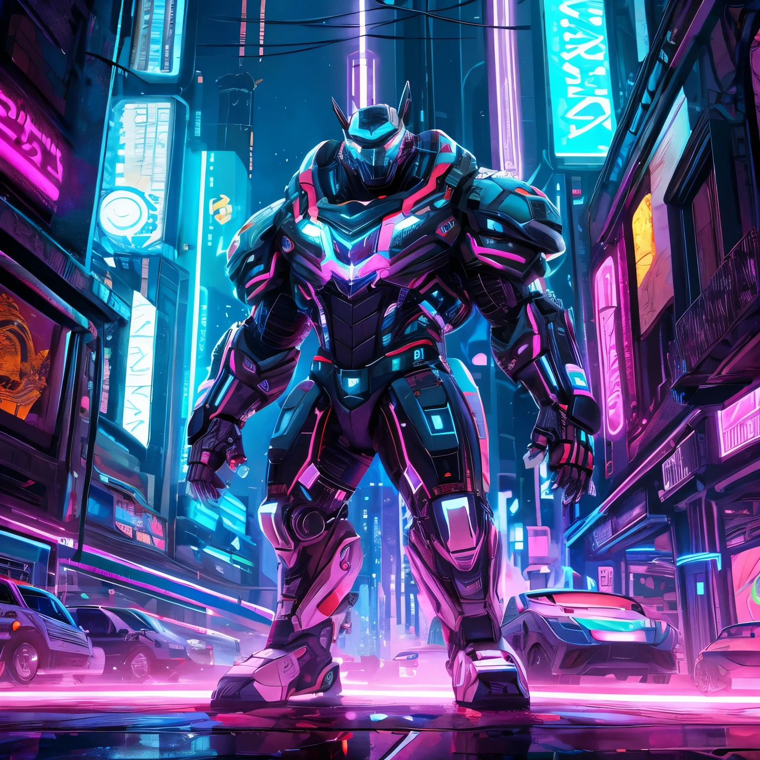 Create a digital art piece featuring a Cyberpunk Jaeger standing imposingly amidst a neon-lit, futuristic cityscape at night, towering over the skyscrapers at an incredible height of 300 meters. The scene is illuminated by vibrant neon lights reflecting off the Jaeger's sleek, chrome and digitalized metallic surface. The massive machine stands in the center of a high-tech road, its colossal weight causing the ground to crack and break beneath it. Hover cars are scattered across the road, some damaged, others pushed aside, with electric sparks and holographic advertisements flickering in the night sky.
The Jaeger's design features sleek lines, neon accents, and advanced digital components, with a high-tech, futuristic aesthetic. Its eyes glow with a bright, neon blue light, casting a piercing glow into the surrounding chaos. Emphasize the intricate mechanics of its joints and the complex, energy-based weapon systems mounted on its arms. Capture the fine details of the electric sparks as they twist and curl, and highlight the reflections of the neon lights on the Jaeger's metal body, showcasing the sheer scale and power of this guardian of humanity.
The scene is captured with a Nikon 135mm lens from a low-angle perspective, emphasizing the immense size of the 300-meter-tall Jaeger as it looms over the cityscape. The wide-angle cinematography enhances the dramatic impact, making the viewer feel the overwhelming presence and grandeur of the Jaeger in this highly detailed, cyberpunk artwork.