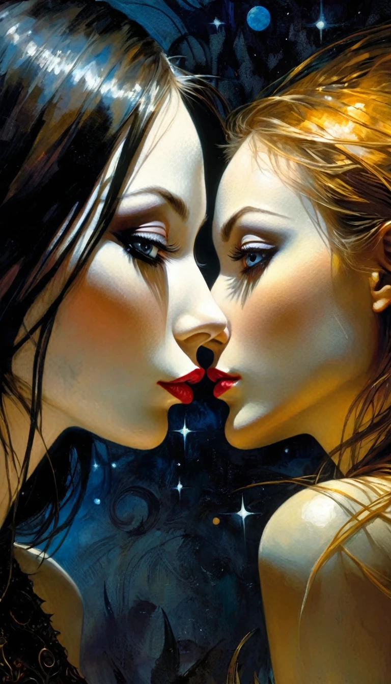 two girls, lesbianism, magic, โจ๐ค๐๐ค๐๐๐๐โจ๐ฉโ๐ฉโ๐ฆโ๐ฆsex sex sex โจโจ โ ๐๐โค eroticism,fantastic, night sky, moon, stars, background, , eroticism, sexy, (best quality,4k,8k,highres,masterpiece:1.2),ultra-detailed,(realistic,photorealistic,photo-realistic:1.37),intricate details,vivid colors,sharp focus,professional,Dave McKean artwork, oil touch of surrealism,oil painting style,portrait,woman,beautiful detailed eyes,beautiful detailed lips,dreamlike atmosphere,shadow play,soft lighting,playful pose,minimalist room,dark hues,ethereal background,fantasy elements,texture,layered composition.