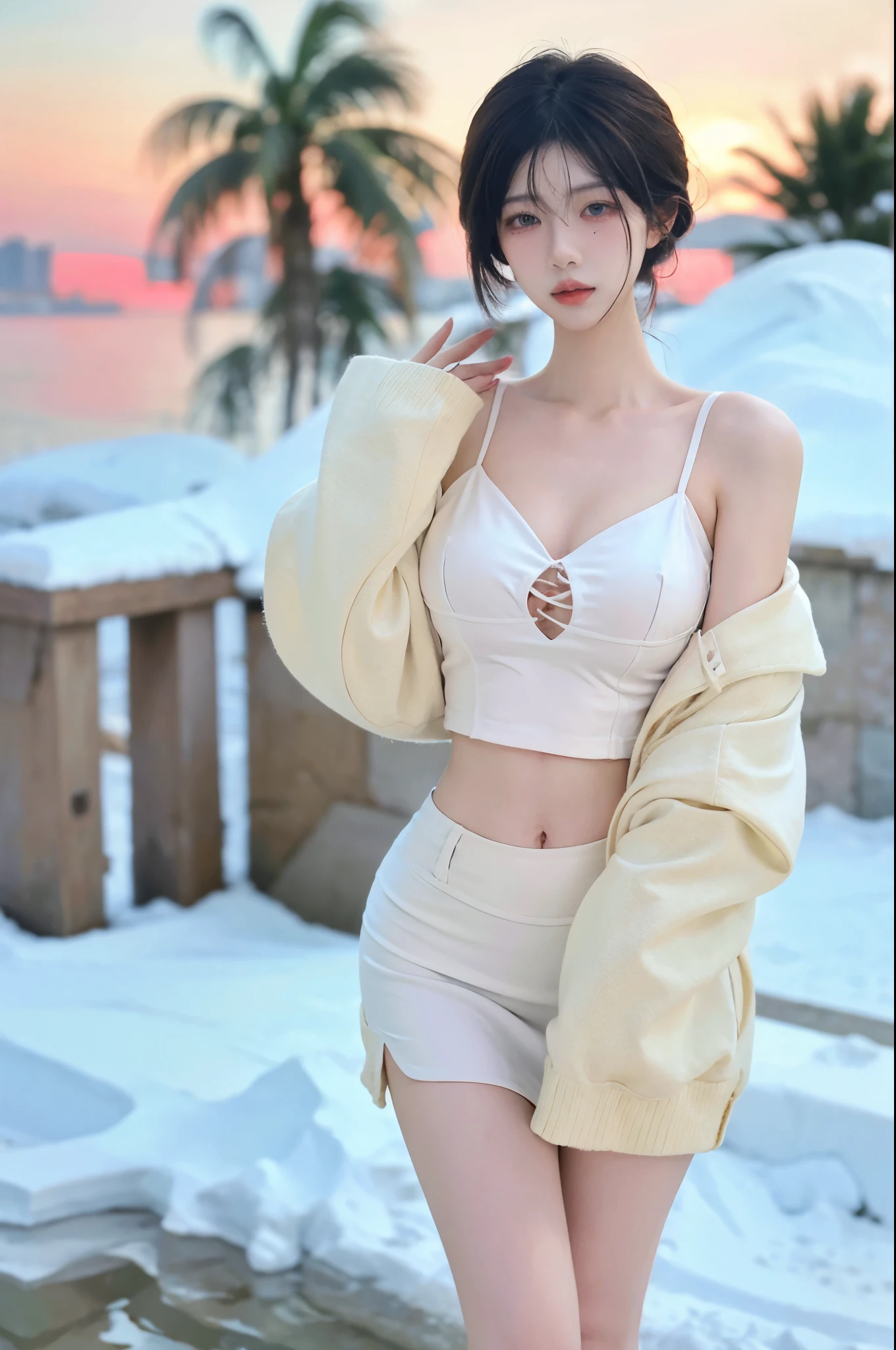 Beautiful woman with perfect figure:1.4，snow，Touching butt with both hands，snow背景，Layered Hairstyle，White skin，Prominent cleavage，Pleated Skirt，whole body，Very delicate face and skin texture，Double eyelids，Skin Whitening，Long white hair