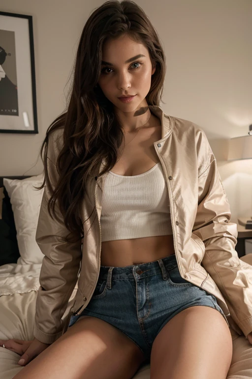 A cute dear friend, young woman, skinny bodysit in bed, bedroom scene, dressing a cute jacket, 8k, hyperdetailed, real person,