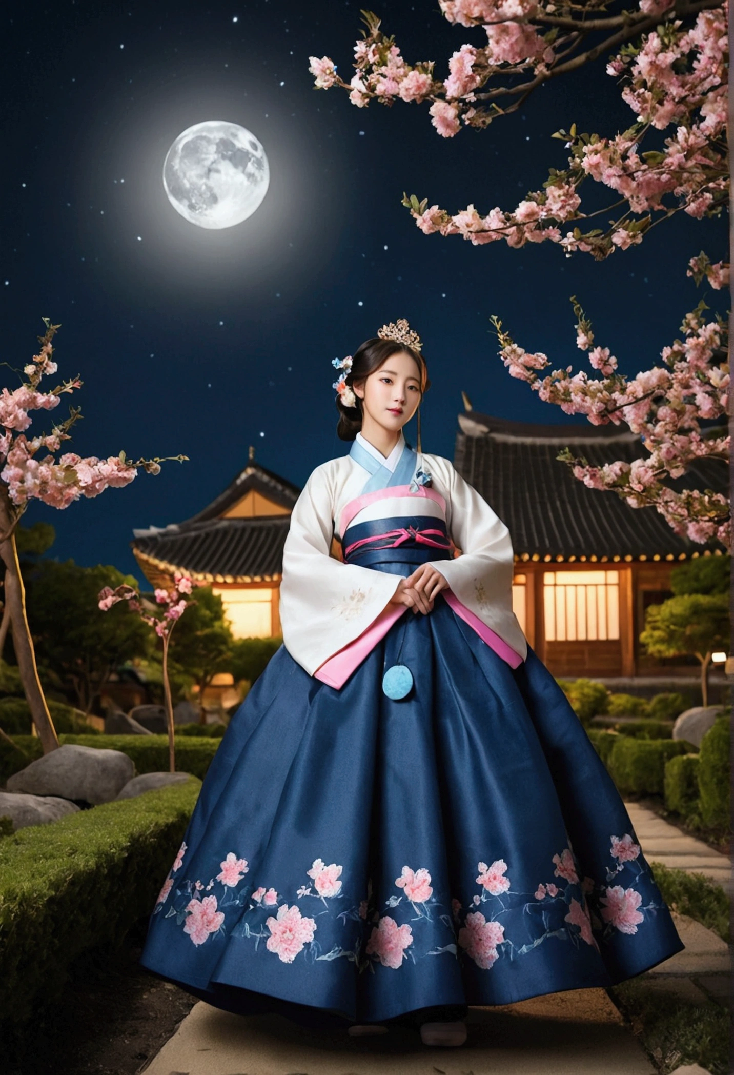 best quality, high_resolution, distinct_image, detailed background ,girl, hanbok,flower,garden,moon, night,dutch angle, wide shot, crown,  