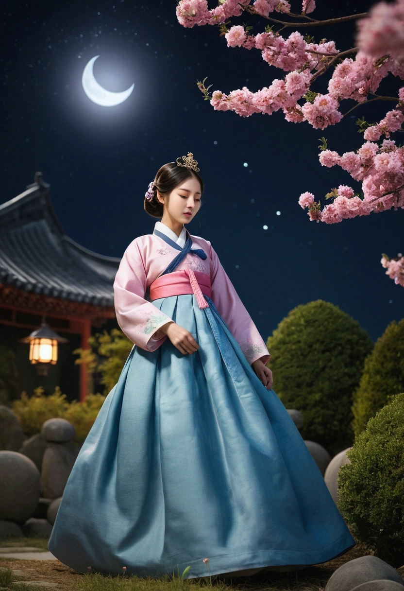 best quality, high_resolution, distinct_image, detailed background ,girl, hanbok,flower,garden,moon, night,dutch angle, wide shot, crown,  