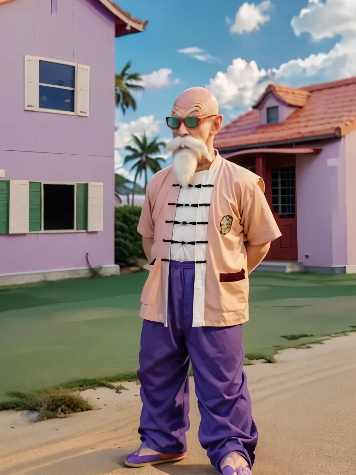 (masterpiece:1.2, best quality:1.2), ((1old man)), professional lightings, cinematic lightings, 8k wallpaper, ultra realistic portrait of Roshi, dragonball, Muten Roshi_dbz, ((ultra realistic exterior of Kame house, ultra detailed exterior of Kame house, pink color painted wall, red roof, small beach in front, palm trees & ocean)), ((chinese clothes)), bald, old man, beard, sunglasses, white hair, (purple turtle shell), mustache, arm behind back, standing, full body, (holding staff), red-framed eyewear, orange jacket, (blue pants), backpack, green-tinted eyewear,