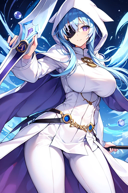 1girl, large breasts, light blue hair, purple eyes, one eye covered, eyepatch, ((eyepatch)), medium hair, smile, light smile, cloak, white cloak, white hood, white cape, cape, belt, white pants, white clothes, hood up, pants, ((pants)), hourglass figure, bow /(weapon/)