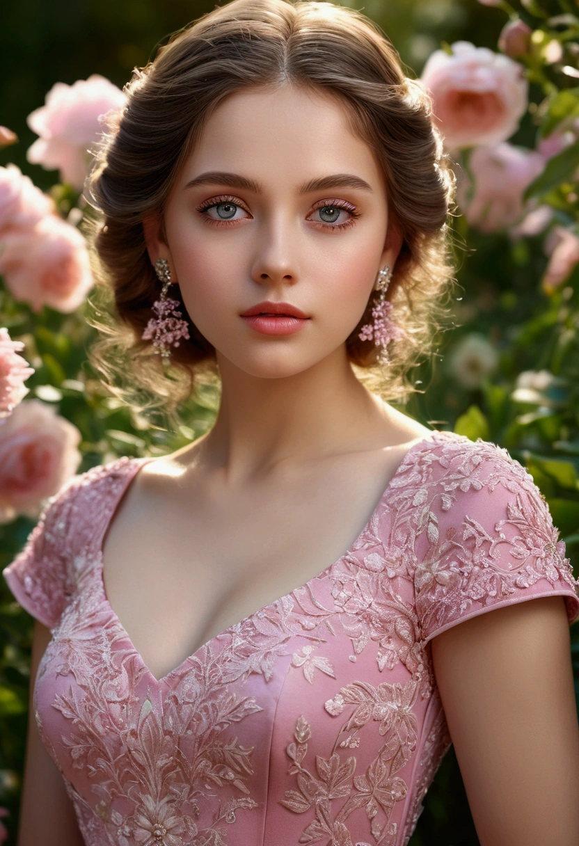 a girl in a pink dress, beautiful detailed eyes, beautiful detailed lips, extremely detailed eyes and face, long eyelashes, elegant hairstyle, intricate floral pattern on dress, sunlit garden background, (best quality,4k,8k,highres,masterpiece:1.2),ultra-detailed,(realistic,photorealistic,photo-realistic:1.37),cinematic lighting,vibrant colors,beautiful natural scenery,highly detailed flowers and plants,soft focus,porcelain skin,delicate facial features,graceful pose