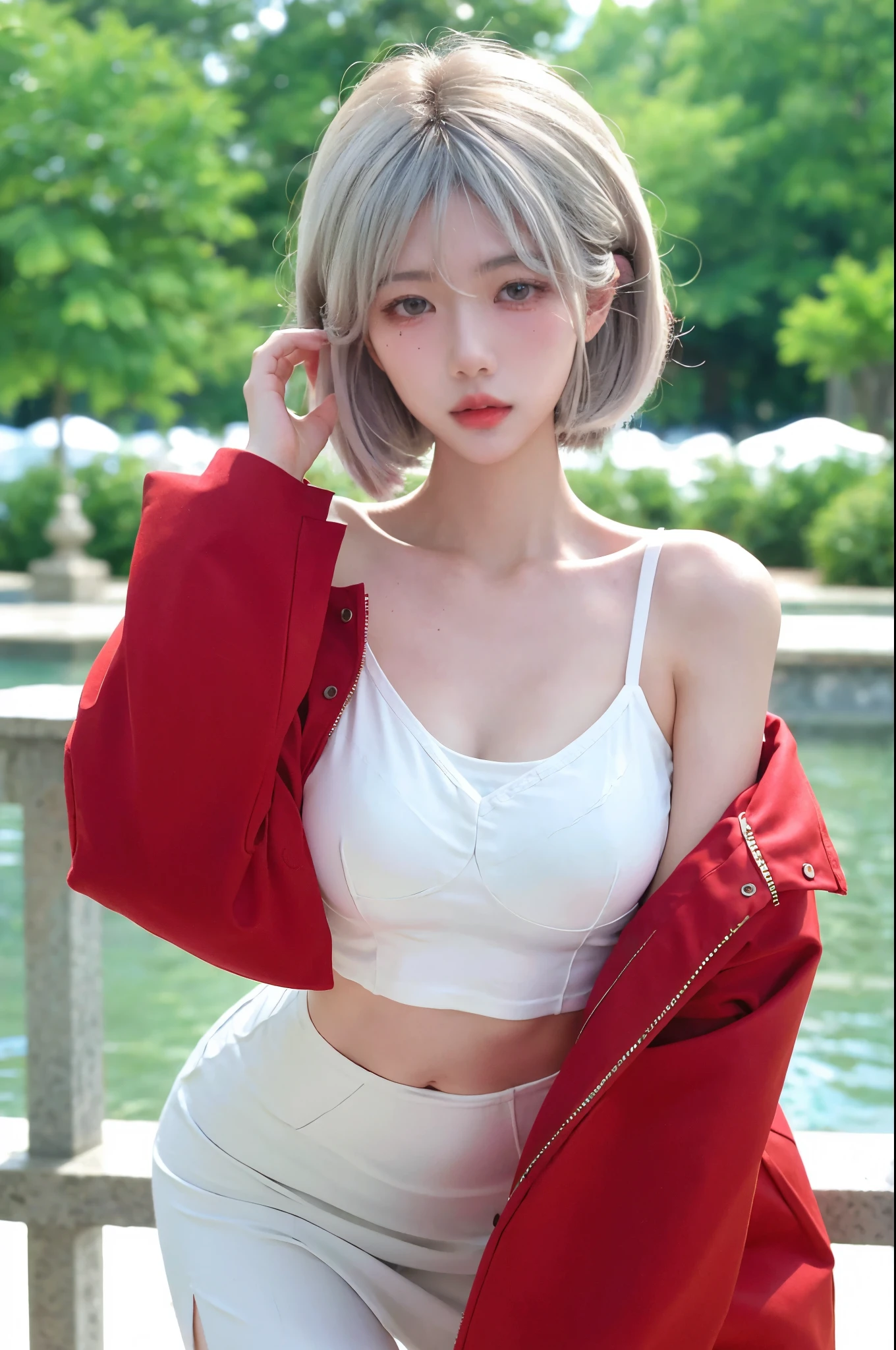Beautiful woman with perfect figure:1.4，snow，Touching butt with both hands，snow背景，Layered Hairstyle，White skin，Prominent cleavage，Pleated Skirt，whole body，Very delicate face and skin texture，Double eyelids，Skin Whitening，Long white hair