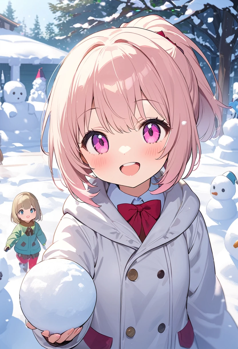 Highest quality、High resolution、Detailed Background、mysterious、Beautiful face in every detail、Highly detailed face、age beauty、Huge breasts、Perfect body line、Light color hair、Bobcut、ponytail、cute仕草、Natural beauty、Sapporo Snow Festival、Snow sculpture、Fun atmosphere、A big smile、
(Snow sculptureの前で自撮りをする3人の少女:1.5)、
A girl and her friends are visiting the Sapporo Snow Festival、大きなSnow sculptureの前で記念撮影をしたり細かい雪の造形に見とれる様子、Children enjoying playing in the snow、Making snowmen and having snowball fights、A girl happily walking around, interacting with other children、cute