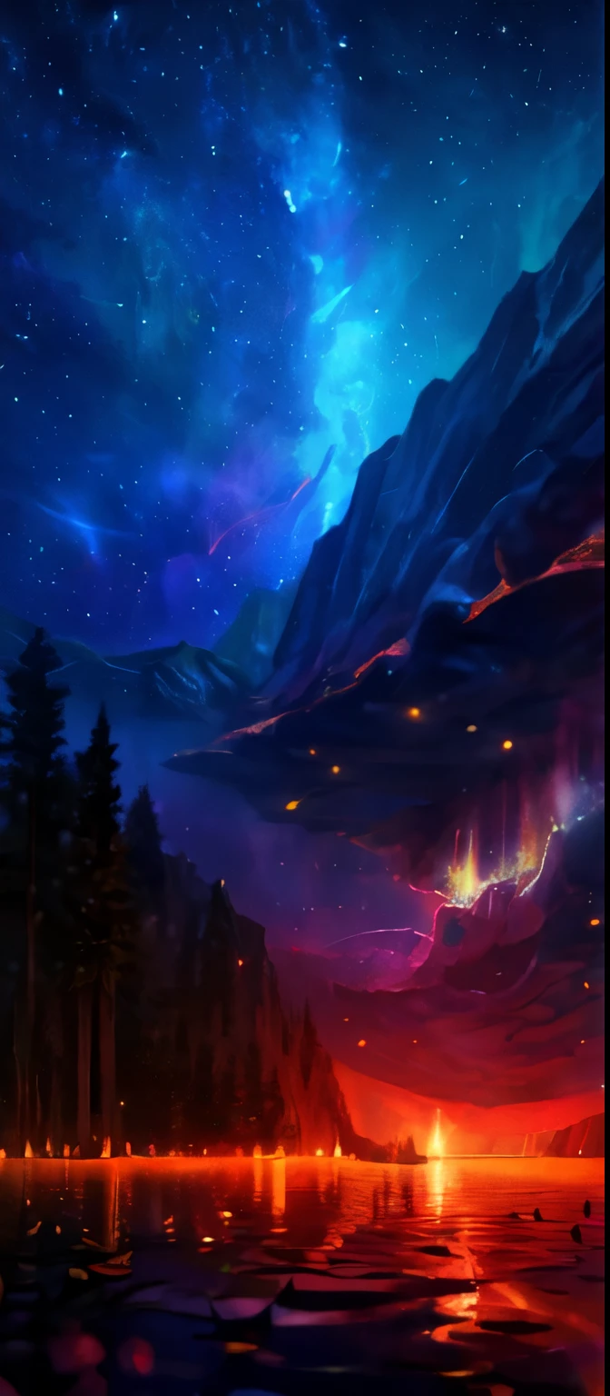 side pose Vast landscape photo, (viewed from below, the sky is above and the open field is below), a cyborg anti hero man, with alligator characteristics standing on a blood bath of bodies looking up, (full moon: 1.2), (meteor: 0.9), (nebula: 1.3), distant mountains , Trees BREAK Crafting Art, (Warm Light: 1.2), (Fireflies: 1.2), Lights, Lots of Purple and Orange, Intricate Details, Volumetric Lighting, Realism BREAK (Masterpiece: 1.2), (Best Quality), 4k, Ultra-Detailed, (Dynamic Composition: 1.4), Very Detailed, Colorful Details, (Rainbow Colors: 1.2), (Glow Lighting, Atmospheric Lighting), Dreamy, Magical, (Solo: 1.2)