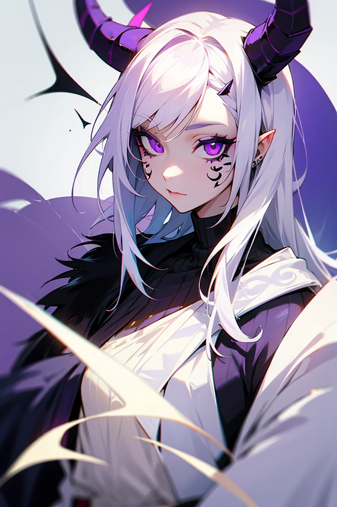 1female, white hair, purple eyes, neck tattoos, Demon horns