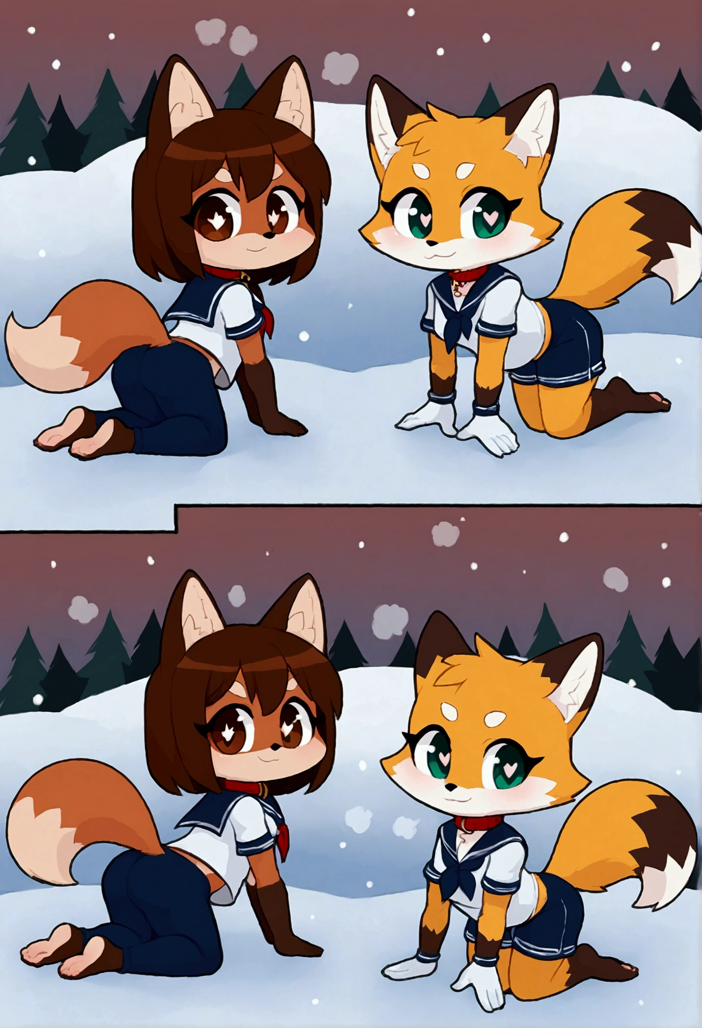 2girls, fox and tanuki, furry, bodyfur, tail, collar, sailor suit, short sleeves, jersey pants, long pants, white gloves, snow gloves, barefeet, chibi, sparkling eyes, full body, snow, all fours, looking back, fart