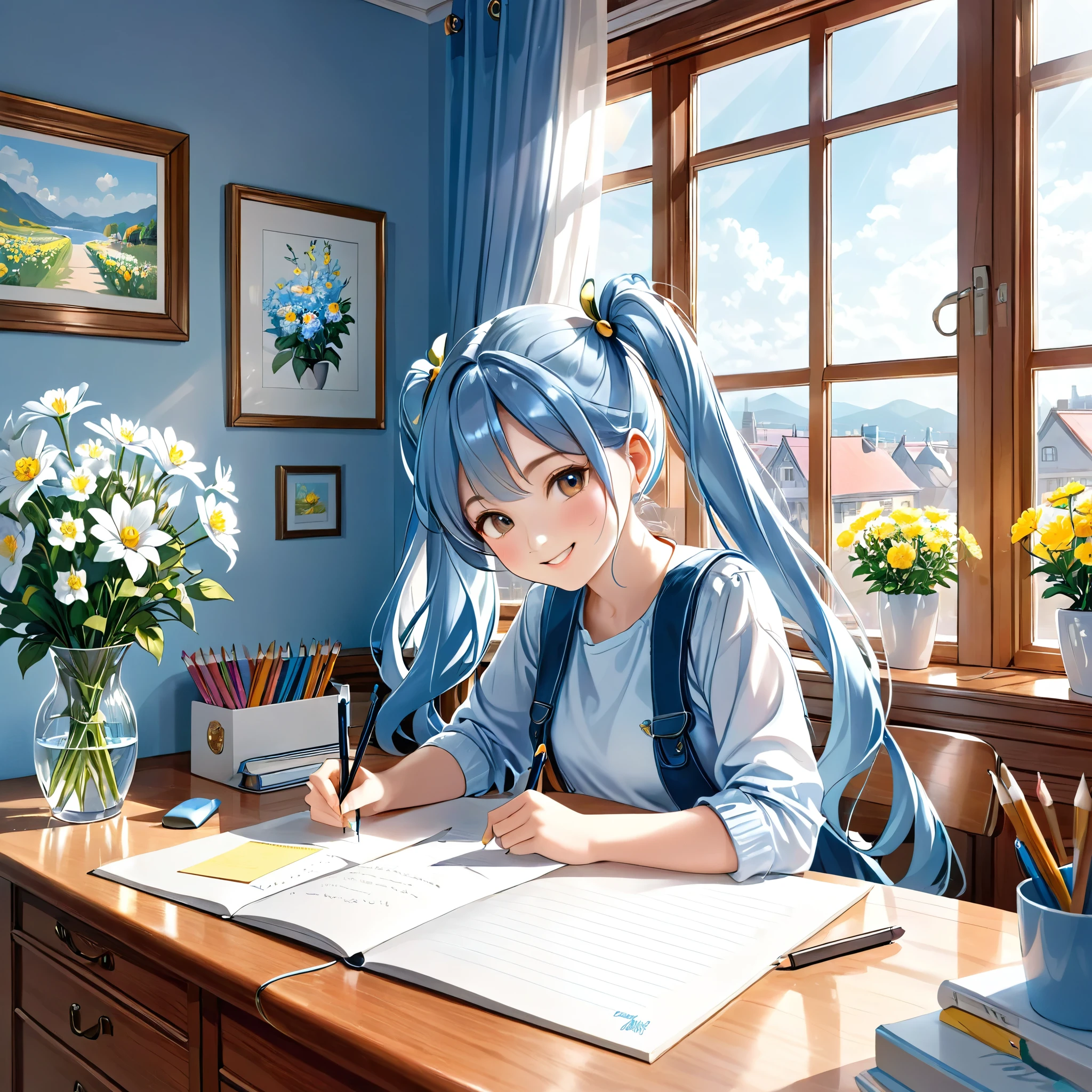 Light blue long hair、Beautiful girl with twin tails、 Desk lamp lighting, A bright, sunny room、White margaret flowers are displayed on the windowsill.、I am studying、Bright smile、Wooden desk, pencil, Note, Fine brushwork, Realistic style, perspective, 4K resolution、