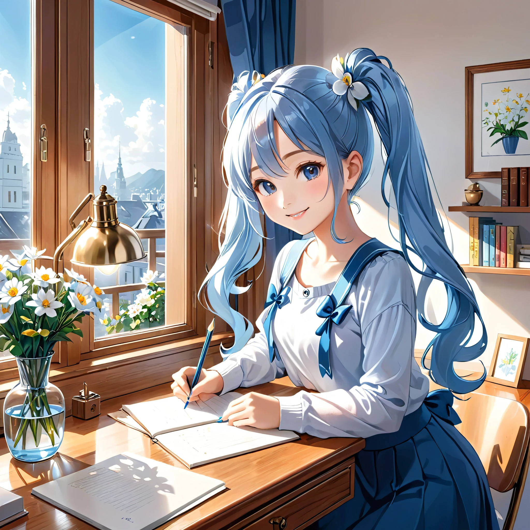 Light blue long hair、Beautiful girl with twin tails、 Desk lamp lighting, A bright, sunny room、White margaret flowers are displayed on the windowsill.、I am studying、Bright smile、Wooden desk, pencil, Note, Fine brushwork, Realistic style, perspective, 4K resolution、