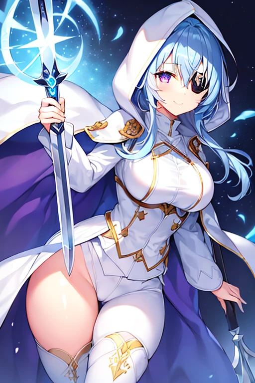 1girl, large breasts, light blue hair, purple eyes, one eye covered, eyepatch, ((eyepatch)), medium hair, smile, light smile, cloak, white cloak, white hood, white cape, cape, belt, white pants, white clothes, hood up, pants, ((pants)), hourglass figure, bow /(weapon/)