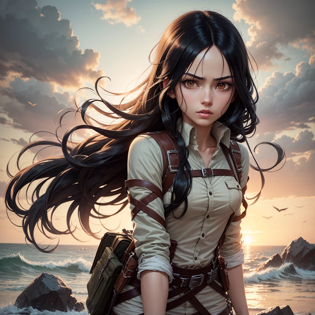 A character with long wavy black hair from Attack on Titan