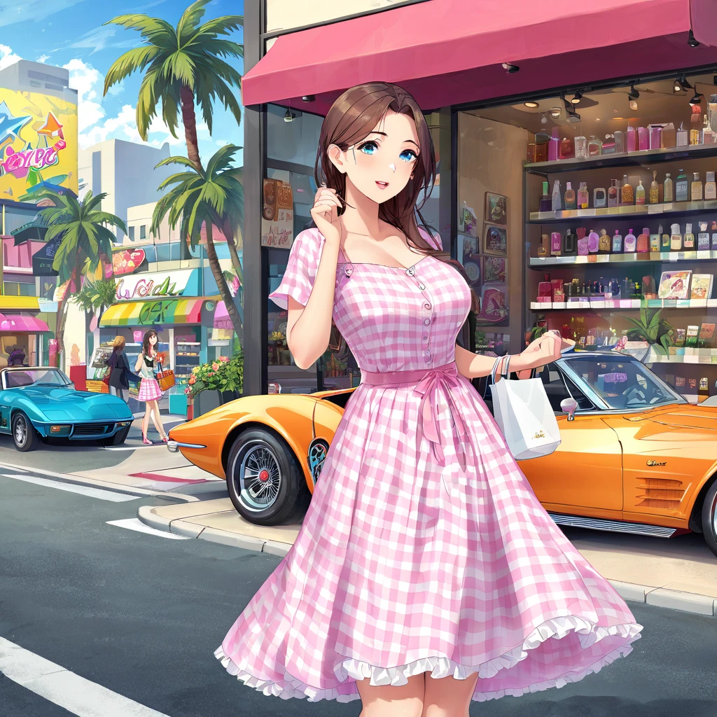 A girl is standing outside a perfume shop with a shopping bag. She is getting ready to get in the car., Pink and white C1 Corvette. She wears a pink and white plaid dress, and the background shows an urban scene from 80's California. There are palm trees and many pink flowers.
Moderate: figure, Realistic:1.37 Additional Details: The girl has beautiful and delicate eyes., Beautiful lip detail, And a highly detailed face. She has long eyelashes and a happy look.. The dress she is wearing is knee-length、The skirt is fluffy。. Behind her, in the perfume shop,、Mr.々There is a large glass window lined with perfume bottles.。. The C1 Corvette is shiny and sleek, With convertible top and chrome details. city background、Colorful graffiti painted on the walls and street art。. Palm trees are tall and thin, cast a long shadow on the sidewalk. Pink flowers blooming everywhere, Create a vibrant atmosphere.