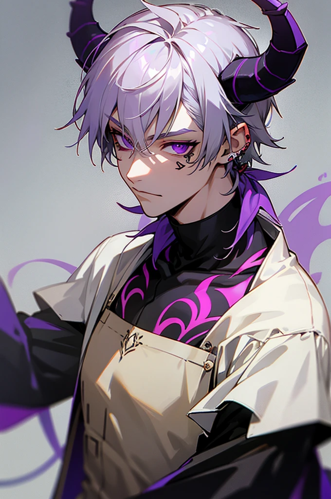 1 male, Gray hair, purple eyes, neck tattoos, Demon horns