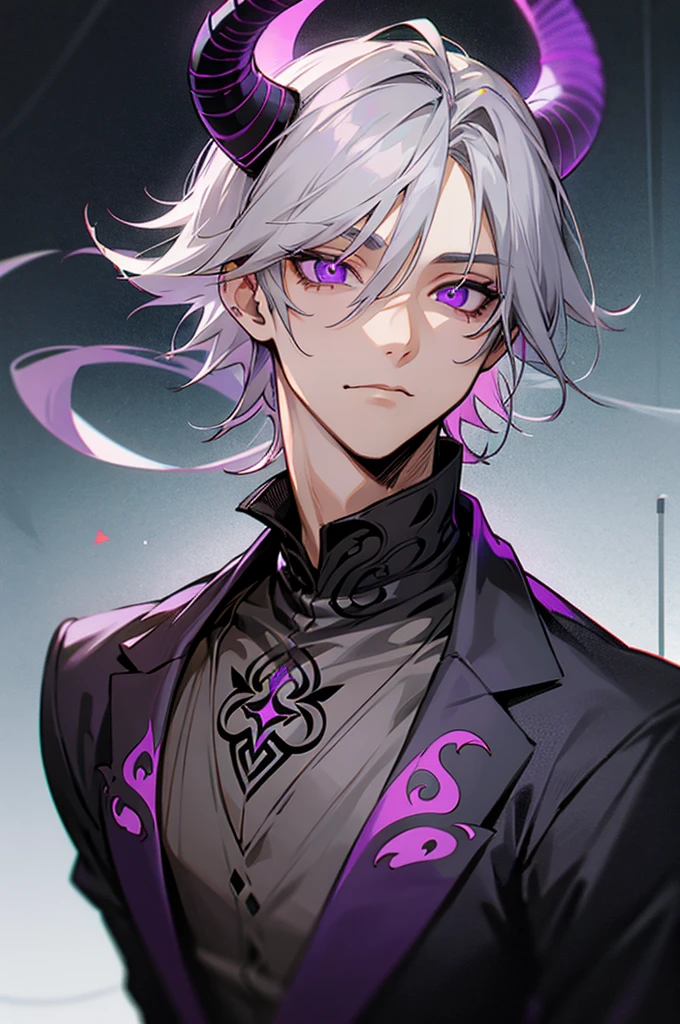 1 male, Gray hair, purple eyes, neck tattoos, Demon horns