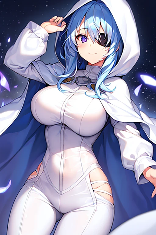 1girl, large breasts, light blue hair, purple eyes, one eye covered, eyepatch, ((eyepatch)), medium hair, smile, light smile, cloak, white cloak, white hood, white cape, cape, belt, white pants, white clothes, hood up, pants, ((pants)), hourglass figure, bow