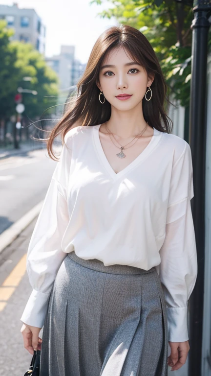 (Highest quality、 8k 、masterpiece、High resolution)、Young lovely woman、Ample breasts、Smooth and unnoticeable collarbone、Slender beauty、(Brown hair medium、My hair is blowing in the wind、Flows backwards)、Full Body Shot、 (Beautiful Face,Beautiful Eyes,Beautiful nose,Pretty lips)、(Stephanie hoove earrings、silver heart necklace)、((Official Casual、knit、shirt、slacks、skirt、Black or white、Finish with basic colors such as pink))、Has an official bag、Her mouth opens slightly and a smile appears.、Nice pose、Building district、office Street、looking at the camera、Professional Lighting、Professional photographer、Detailed CG、