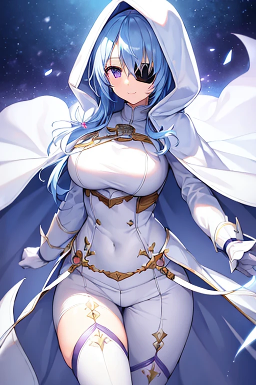 1girl, large breasts, light blue hair, purple eyes, one eye covered, eyepatch, ((eyepatch)), medium hair, smile, light smile, cloak, white cloak, white hood, white cape, cape, belt, white pants, white clothes, hood up, pants, ((pants)), hourglass figure, bow