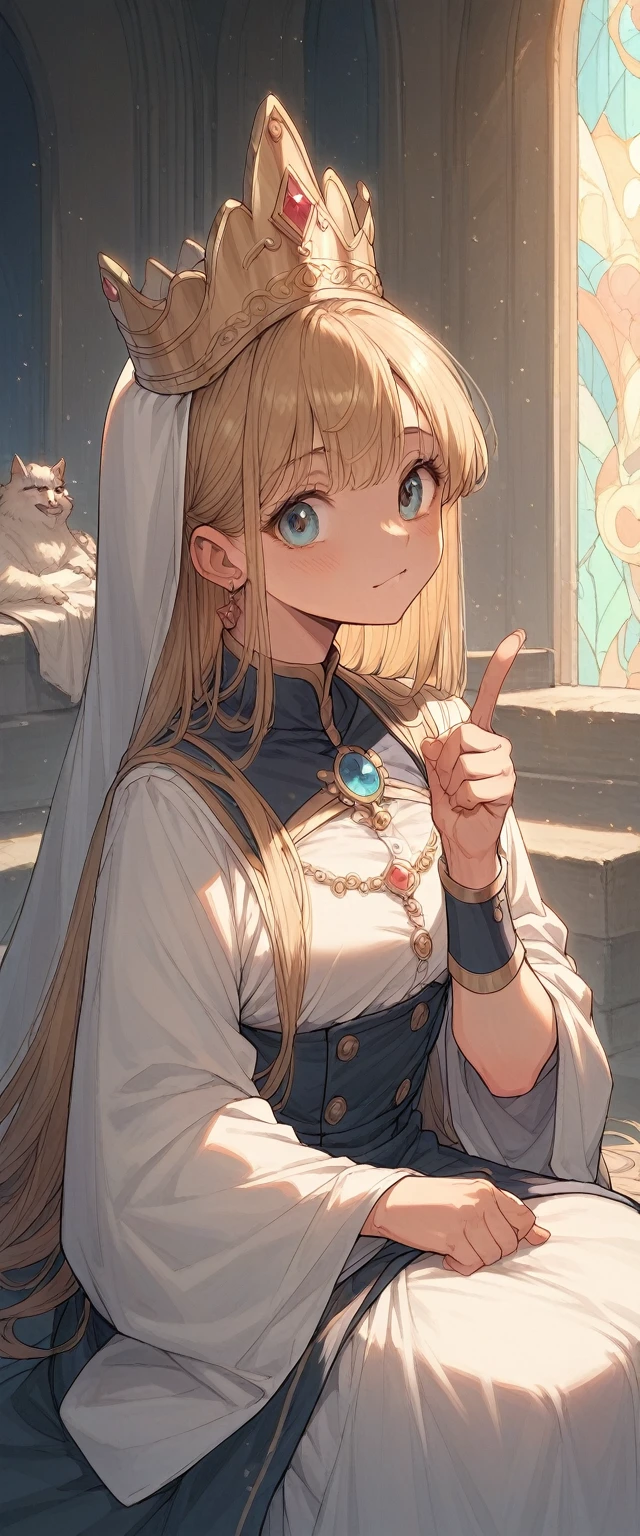 Inside the huge castle On the altar is a cute, cute, cute who is the queen There are many servants under the altar. The queen is pointing her finger at her servants and giving them an order. It's night outside and the lights are on inside the castle. Having a sex party