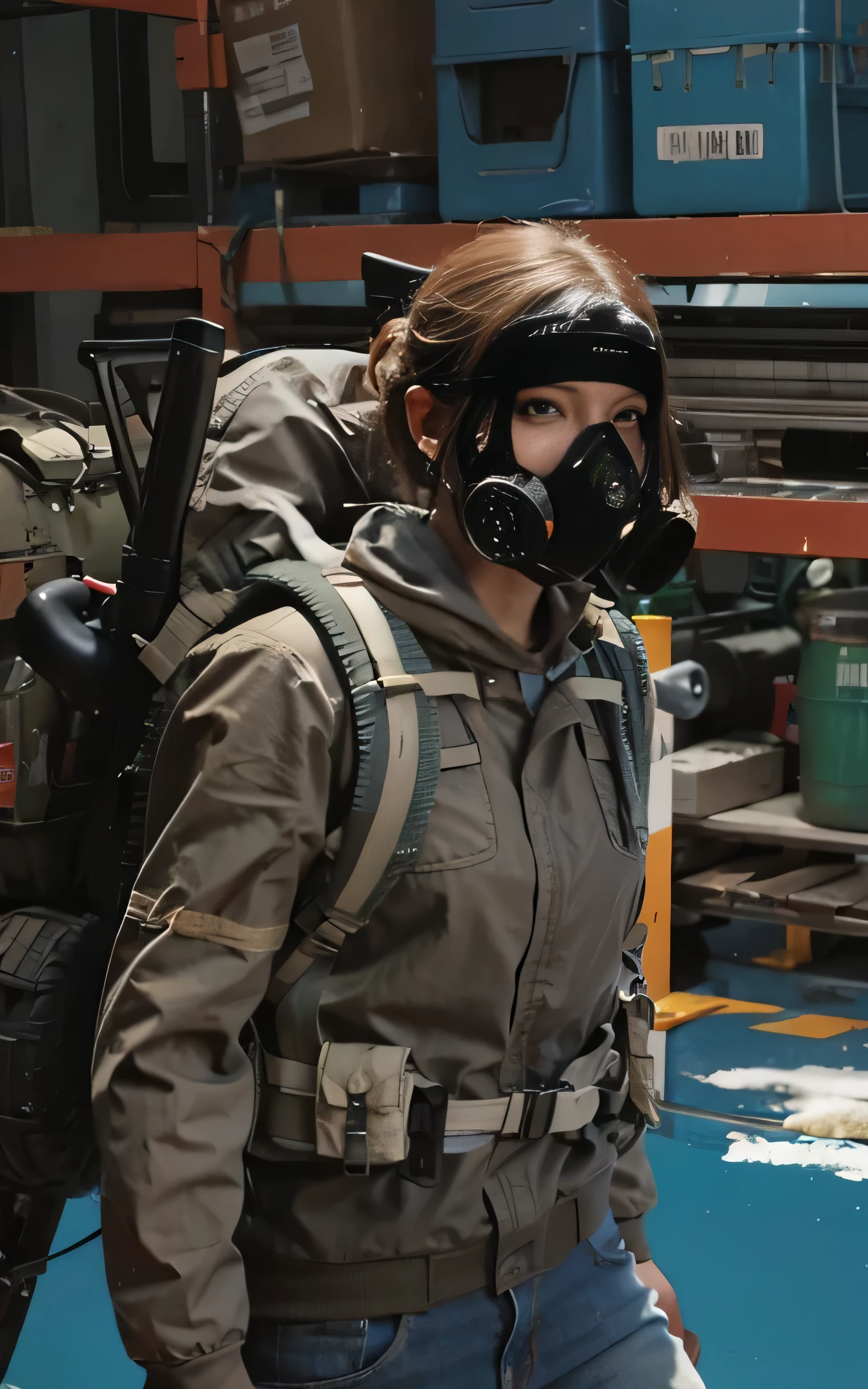 There is a woman , Brazilian,wearing a gas mask and a backpack, jetstream sam from metal gear, quiet from metal gear solid v, female protagonist, soma game style, disco elysium character, wearing a gas mask, wearing a gas mask botânico, muffler with solid metal gear, discarded mechsuit in background, specific operations mask, mechanized soldier