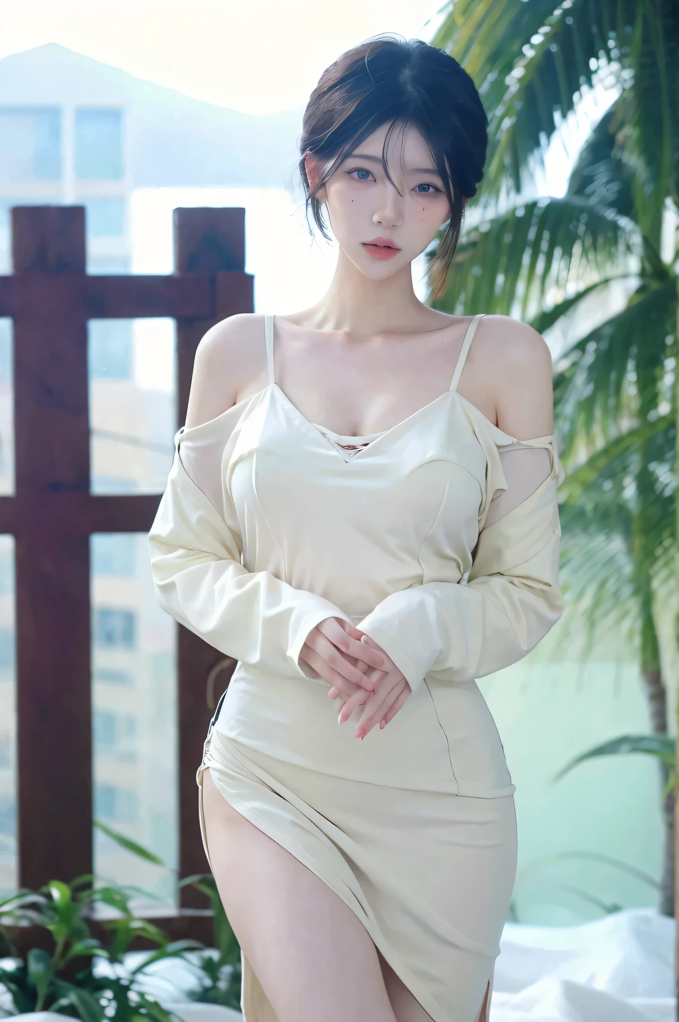 Beautiful woman with perfect figure:1.4,snow,Touching butt with both hands,snow background,Layered Hairstyle,White skin,Prominent cleavage,Pleated Skirt,whole body,Very delicate face and skin texture,Double eyelids,Skin Whitening,Long white hair