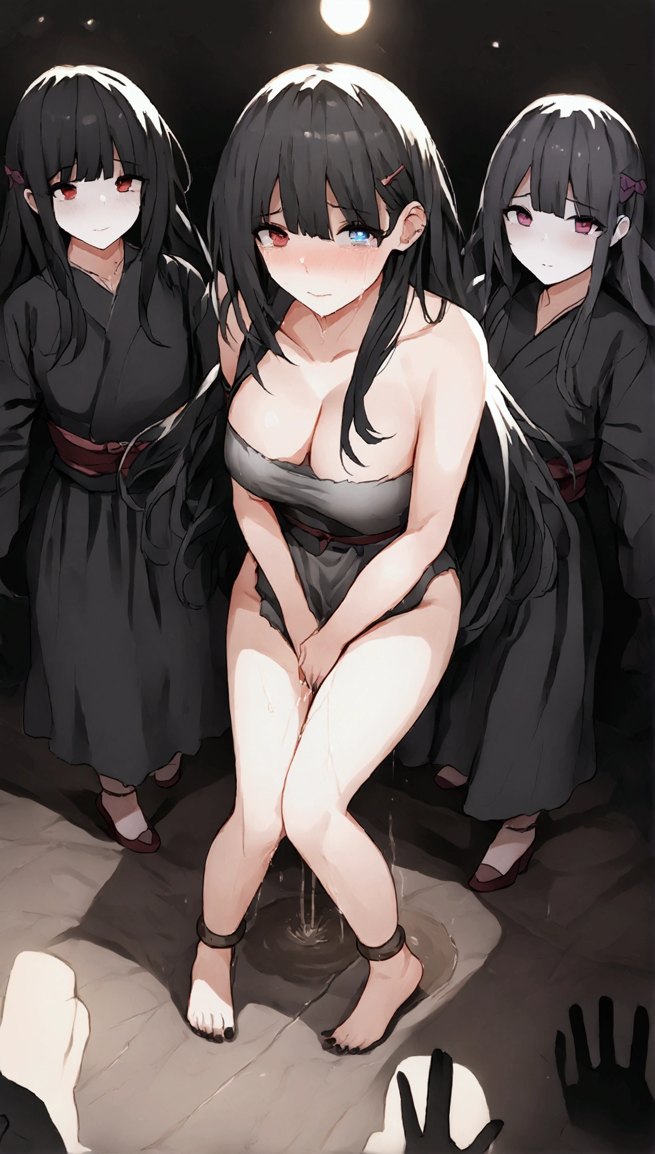 (Masterpiece, Best Quality, 8k, Sharp Focus, Depth of Field, Best Shadows, Perfect Light, HDR, Realistic Skin Texture, Ultra Detailed Background, Detail), Anime Style, Harem. 5 girls. Slaves. Long hair. Beautiful eyes, Beautiful eyes, Expressive eyes, Beautiful nose, Ideal facial features, Ideal anatomical body. Beautiful long legs. Torn slave tunics. Average breasts, Beautiful breasts. They want to poop, they need to poop. Strong, desperate urge to have diarrhea. They keep their hands on their stomachs. Girls can't stand straight. They poop diarrhea. They poop diarrhea on the floor. They poop diarrhea in their panties. They poop diarrhea on themselves. 5 girls crap themselves. Redness, embarrassment. It's a shame, there are tears in my eyes. They are crying. Standing at full height, full body. Slave market.