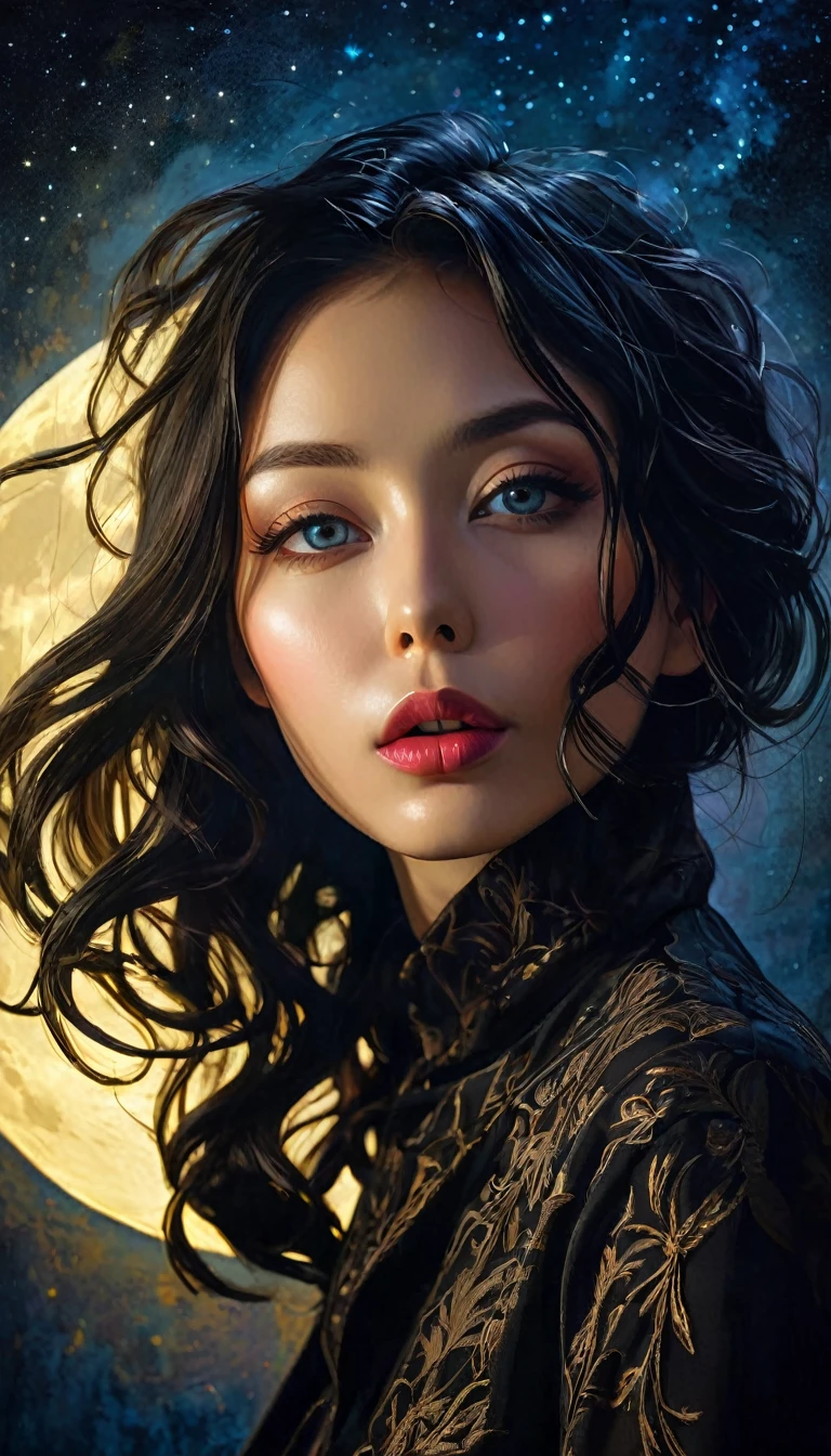 two girls, lesbianism, magic, ✨🤟😁🤗😍😆👍🙌✨👩👩👦👦sex sex sex ✨✨ ❗ 🙏😁❤ eroticism,fantastic, night sky, moon, stars, background, , eroticism, sexy, (best quality,4k,8k,highres,masterpiece:1.2),ultra-detailed,(realistic,photorealistic,photo-realistic:1.37),intricate details,vivid colors,sharp focus,professional,Dave McKean artwork, oil touch of surrealism,oil painting style,portrait,woman,beautiful detailed eyes,beautiful detailed lips,dreamlike atmosphere,shadow play,soft lighting,playful pose,minimalist room,dark hues,ethereal background,fantasy elements,texture,layered composition.