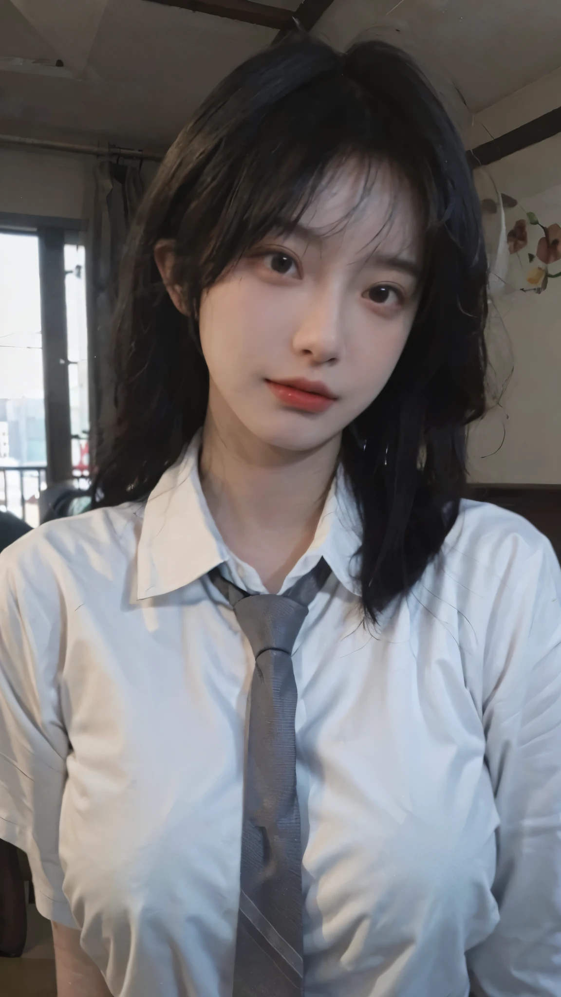 Best quality,masterpiece,ultra high res,(photorealistic:1.4),1girl,sexy,(shirt and tie:1.2),(bra:1.2),(large breast:1.3),(upper body:1.4)