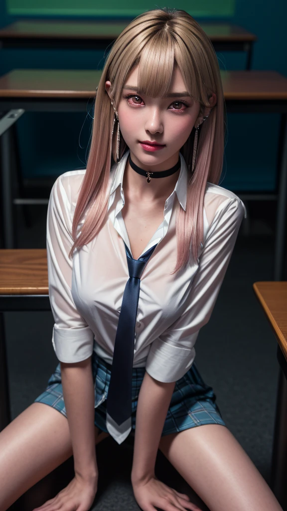 Mix 4, (8k, RAW Photos, Highest quality, masterpiece: 1.45), (Realistic, photoRealistic: 1.37), kitagawa marin,  (Blonde, Pink gradient hair), ((Long Hair, Sink bangs,Colorful Hair, Red eyes)),Pose like a model,Japanese women, ************,high School student、Model body type, (Big Breasts:1.3), Narrow waist, Beautiful Face, Beautiful Eyes, Multiple simple dot earrings on earlobe, Cartilage rod piercing, White shirt, Shirt with tie, Black choker,  Blue tie, Checked skirt, カウボーイshot, inside the School、classroom、hight School, 1 girl, alone, Detailed face and eyes, Upper body photo. Realistic, Realistic.Marin Gyaru,School_uniform, Embarrassed look, (((( M-shaped feet, please look )))), (Please spread your legs wide and show me: 1.5), Real nipples, Genuine open, Browsing Caution, (erupt from pussy:1.2),(erupt:1.2),(A puddle of pussy juice:1.15)(smile:0.7)、((shot))、((Crotch close-up:1.2))、((Pictures that emphasize pussy))、Real Pussy