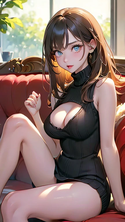 (Highest quality)), ((masterpiece)), (detailed), Perfect Anatomy，((Full body shot 1.5))，One Woman in Ecstasy，28歳のBeautiful woman，Married Woman，Very sexy，(((Big Breasts，Wearing a turtleneck, sleeveless knit sweater.8，One piece sweater，No bra)))，Small nipples，Sweater with wide open chest，Emphasize cleavage，Grey sweater，
Beautiful woman，Beautiful Face，Big eyes，Beautiful Eyes，Well-formed double eyelids，Beautiful teeth alignment，8 head body，Beautiful body lines，Slender body，Beautiful Hands，Beautiful legs，Long hands，Long legs，Long and flexible hair，Shiny hair，Black hair，Full body shot 1.4，Embarrassed expression，blush，Half-open mouth，from below，Beautiful shoulders，Beautiful collarbone、(((Legs apart 1.9，Woman sitting on sofa with legs wide open 1.9，)))，(((press breasts together1.9)))，((White panties 1.8))，garter belt，Crotch is fully visible，(((Ahegao 1.9)))，((Expression of ecstasy 1.8，Climax expression，orgasm，Crying face，Big protruding tongue，Lots of drool from the mouth 1.5，Pussy in full view，A lot of love juice))，