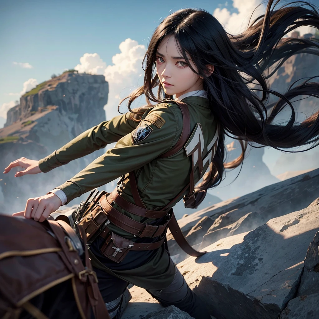 A character with long wavy black hair with white eyes from Attack on Titan