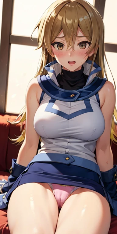 1 Female,High definition,high resolution,Ultra-realistic,8K, ta1,blonde hair,long hair,yellow eyes, white jacket, sleeveless, blue skirt,tight skirt , miniskirt,fingerless gloves,European,y,Upper body close-up,Photographed from the front,Dynamic Angles,blush, medium titappy, wink the eye,facial, sweat,multicolored hair ,(wide thighs:1.4),(pink panties panties), sittead legs,cameltoe 