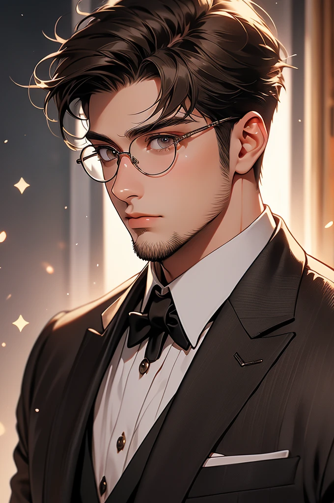 [32k, 8k, very detailed image, masterpiece], young man, naturally handsome, 29 years old, medium gray brown hair, light brown eyes, gentle expression, large round glasses, [looking fixedly at the viewer], shaved beard, noble formal wear