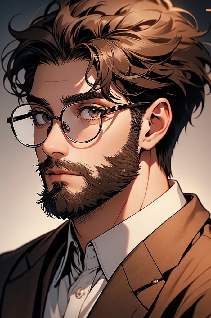 [32k, 8k, very detailed image, masterpiece], young man, naturally handsome, 29 years old, medium gray brown hair, light brown eyes, gentle expression, large round glasses, [looking fixedly at the viewer], shaved beard, noble formal wear