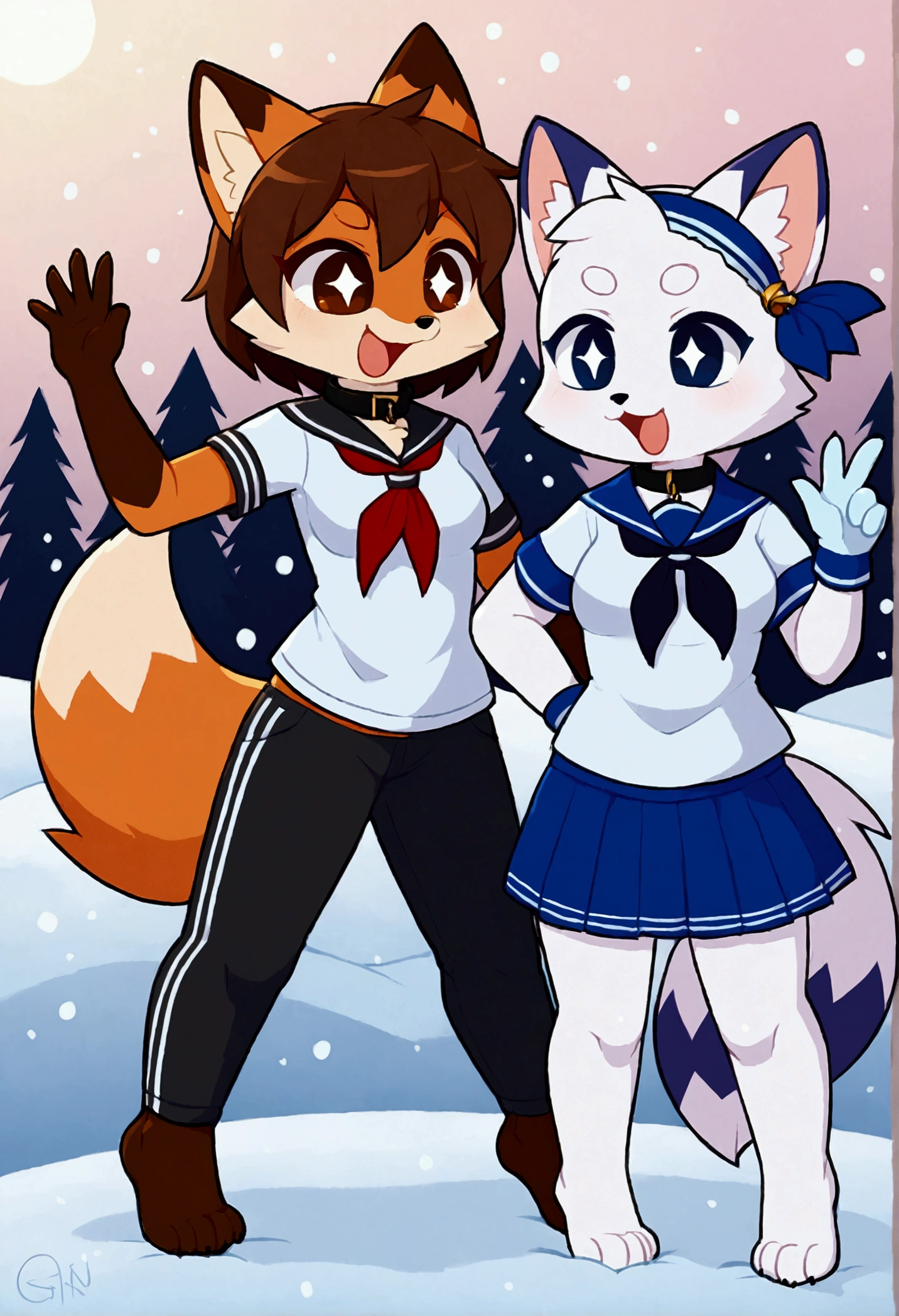 2girls, fox and tanuki, furry, bodyfur, tail, collar, sailor suit, short sleeves, jersey pants, long pants, white gloves, snow gloves, barefeet, chibi, sparkling eyes, full body, snow, singing, dancing