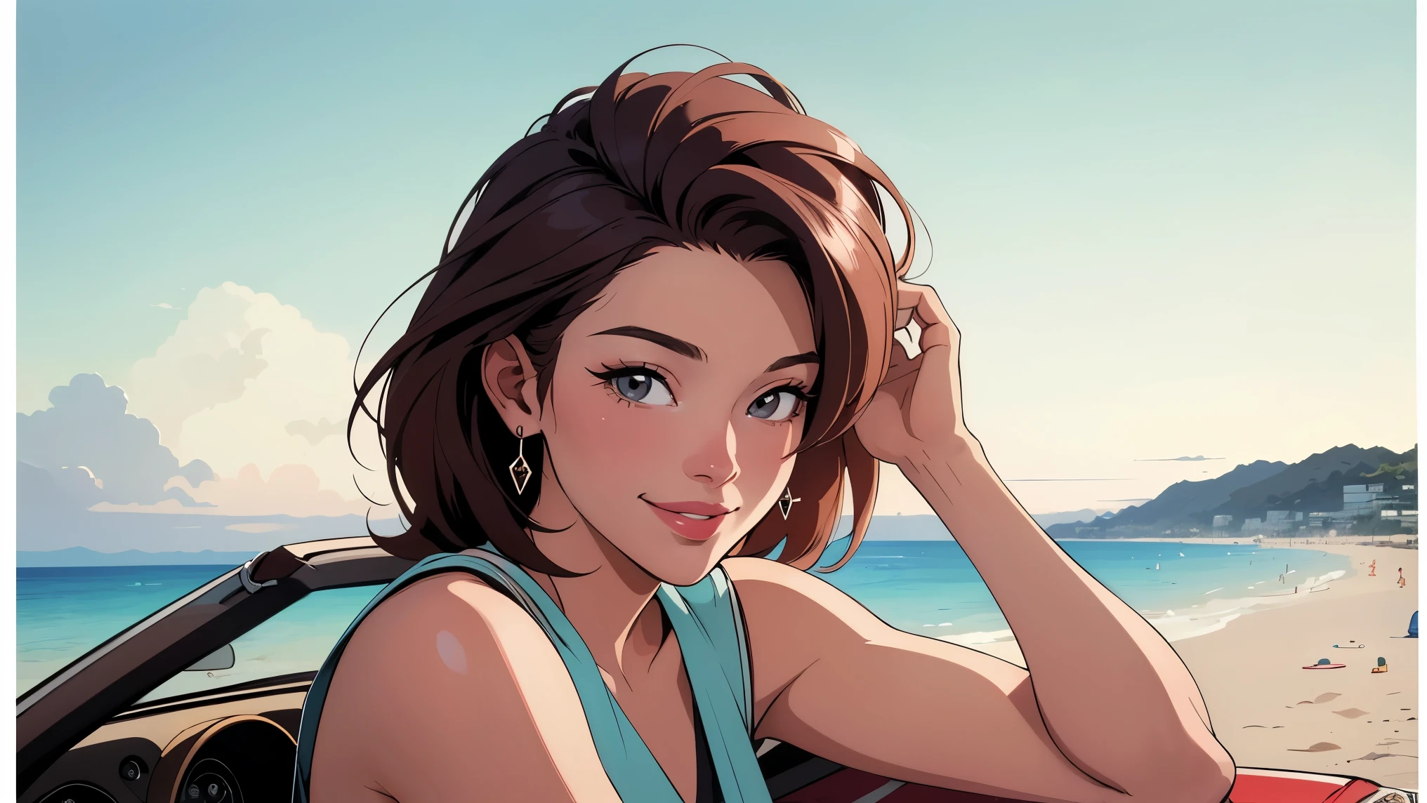 ((Highest quality)), ((masterpiece)), (detailed), perfection, Realistic, High Fashion, 16:9, Stylish Korean women of the 90s, Tourist beach background, Coolness, refresh, A woman poses in a cool 90s convertible, Beautiful smile, longing, A scene from a movie, Photo for poster
