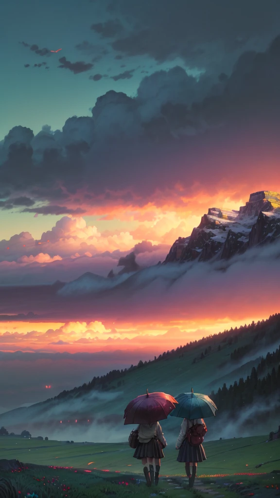 Romantic couple standing together on a meadow, Holding a red umbrella. Ghibli,Howl's Moving Castle,Colorful numbers floating in the air々A collection of houses,The white one has a small propeller,The castle has a chimney,The stage is set against a vast landscape, Blue sky with beautiful clouds above. The colors are vibrant and rich, Blue in the foreground々Accentuate the fresh green grass, Providing a soft, vibrant base for your scene. This image has a slightly painterly effect, The colors are vibrant and give a soft impression, Reminiscent of anime and watercolor paintings.
The overall atmosphere is bright and romantic., The focus is on the castle, The background is a bit blurred, Add depth to your composition. This photo was taken from a wide angle., Show the couple from a distance, Capture vivid skies and wide landscapes. This wide-angle approach highlights the vast beauty of the surroundings., Enhance the bright areas, Blue sky and fluffy clouds, With rolling grasslands, Creates a fun and colorful atmosphere