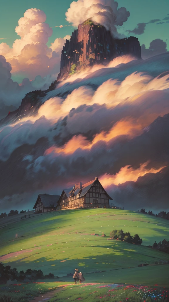 Romantic couple standing together on a meadow, Holding a red umbrella. Ghibli,Howl's Moving Castle,Colorful numbers floating in the air々A collection of houses,The white one has a small propeller,The castle has a chimney,The stage is set against a vast landscape, Blue sky with beautiful clouds above. The colors are vibrant and rich, Blue in the foreground々Accentuate the fresh green grass, Providing a soft, vibrant base for your scene. This image has a slightly painterly effect, The colors are vibrant and give a soft impression, Reminiscent of anime and watercolor paintings.
The overall atmosphere is bright and romantic., The focus is on the castle, The background is a bit blurred, Add depth to your composition. This photo was taken from a wide angle., Show the couple from a distance, Capture vivid skies and wide landscapes. This wide-angle approach highlights the vast beauty of the surroundings., Enhance the bright areas, Blue sky and fluffy clouds, With rolling grasslands, Creates a fun and colorful atmosphere
